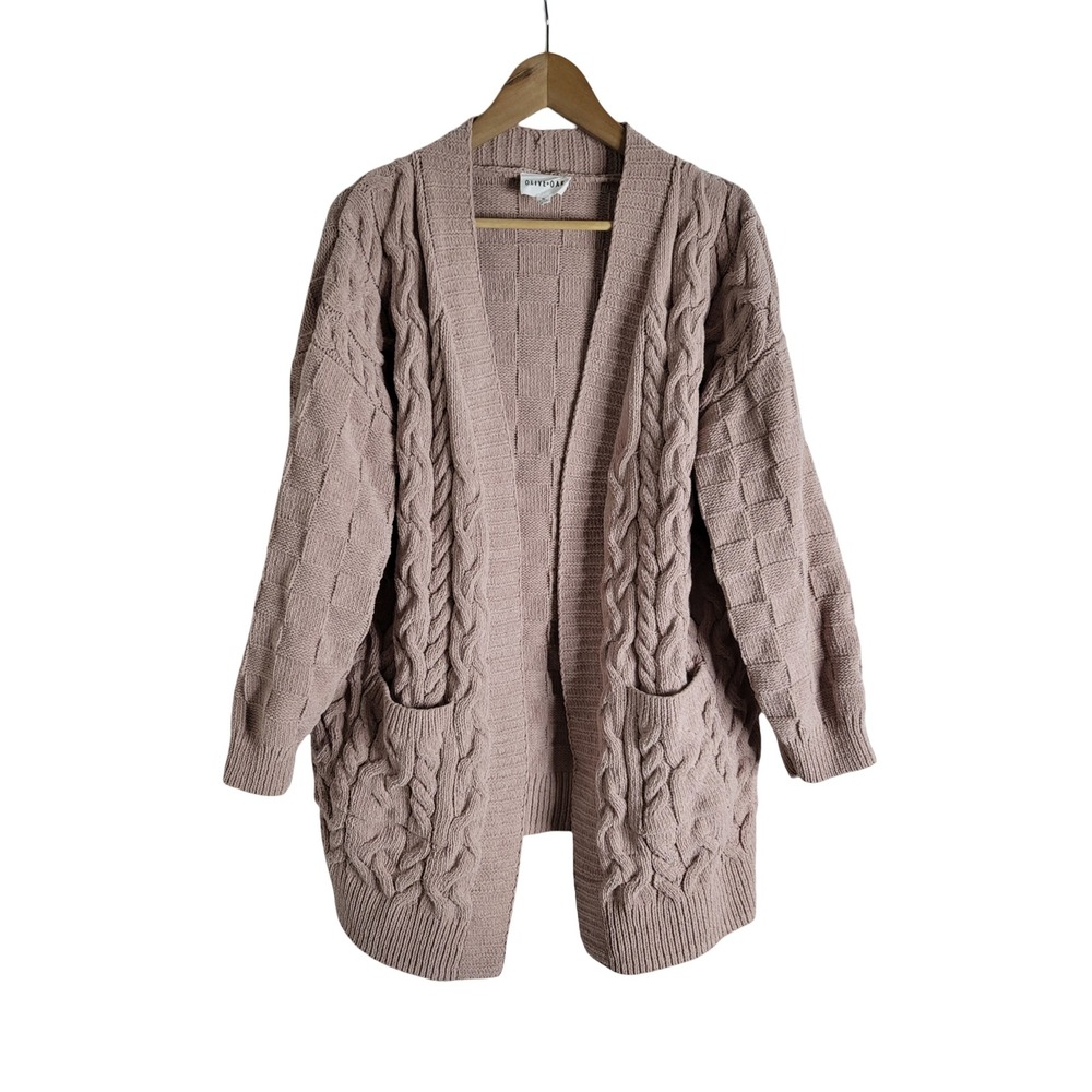Olive + Oak Chenille Open Front Cardigan Cable Knit Sweater XL Cottagecore Cozy